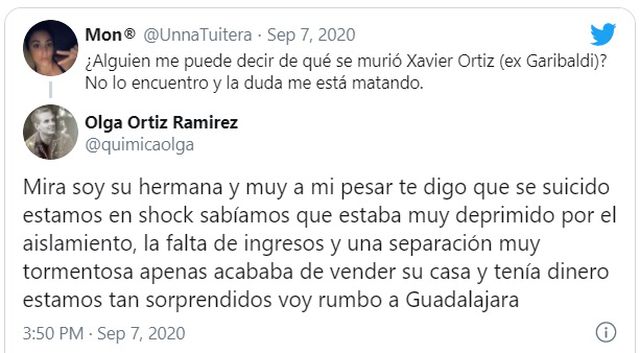 Hermana de Xavier Ortiz se pronunció en Twitter tras el fallecimiento del exintegrante del grupo Garibaldi. (Foto: Captura Twitter)
